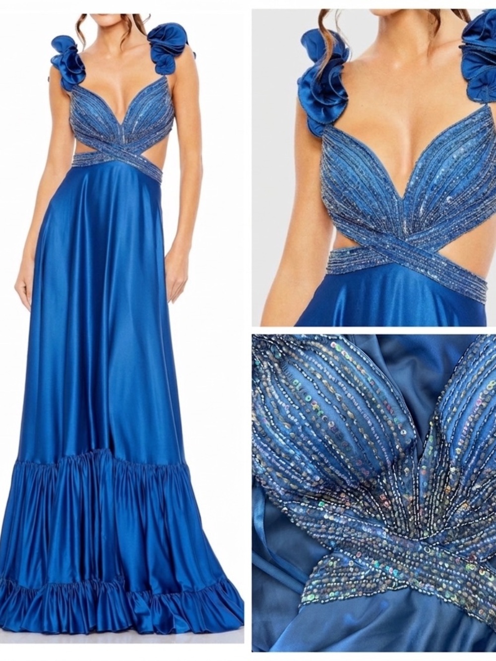 NWT MAC DUGGAL 50681 Royal Blue BEADED SEQUINED RUFFLES Cutout Gown size 4